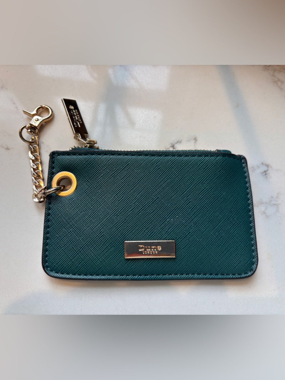 Dune London Saffiano Leather Forest Green Card & Key Holder with Gold Chain